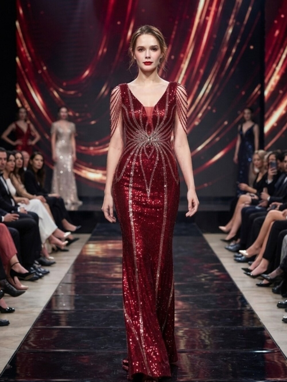 Red Sequin Evening Gown with Beaded Accents